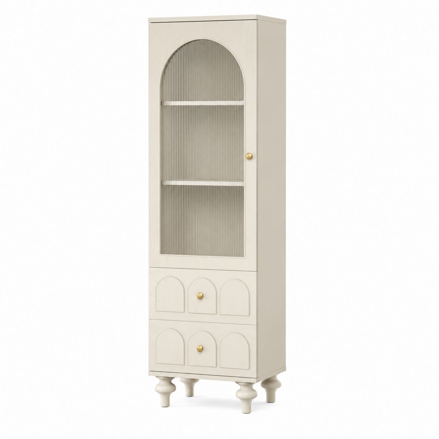 Vitrina alta de madera con puertas de vidrio estriado y cajones, 180cm, Crema