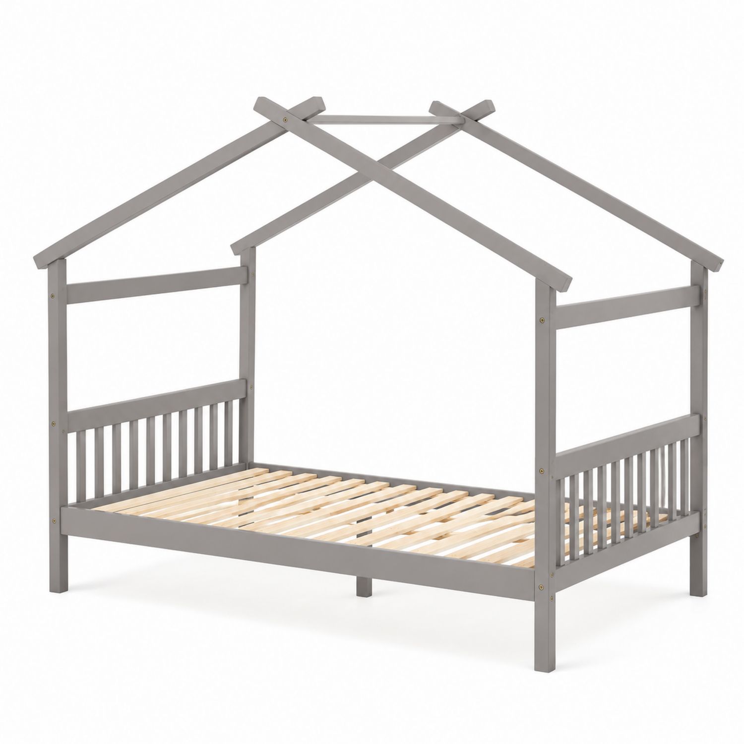 Cama infantil de madera de pino en forma de casa 90x200 cm Gris