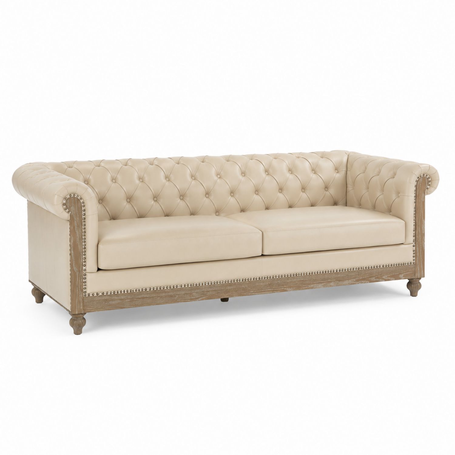 Sofá Chesterfield de 3 plazas en cuero sintético beige con estructura de madera