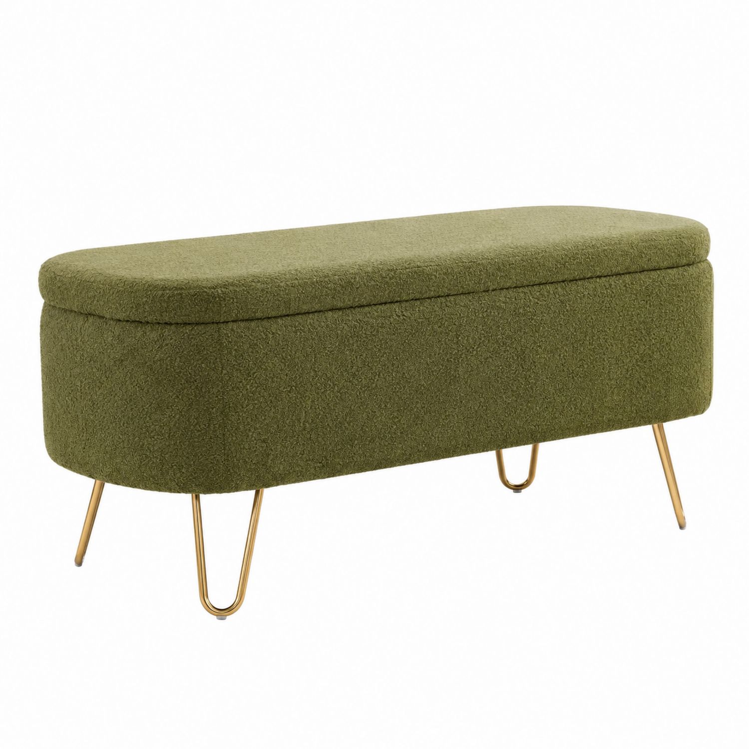 Banco de almacenamiento de tela verde con patas doradas