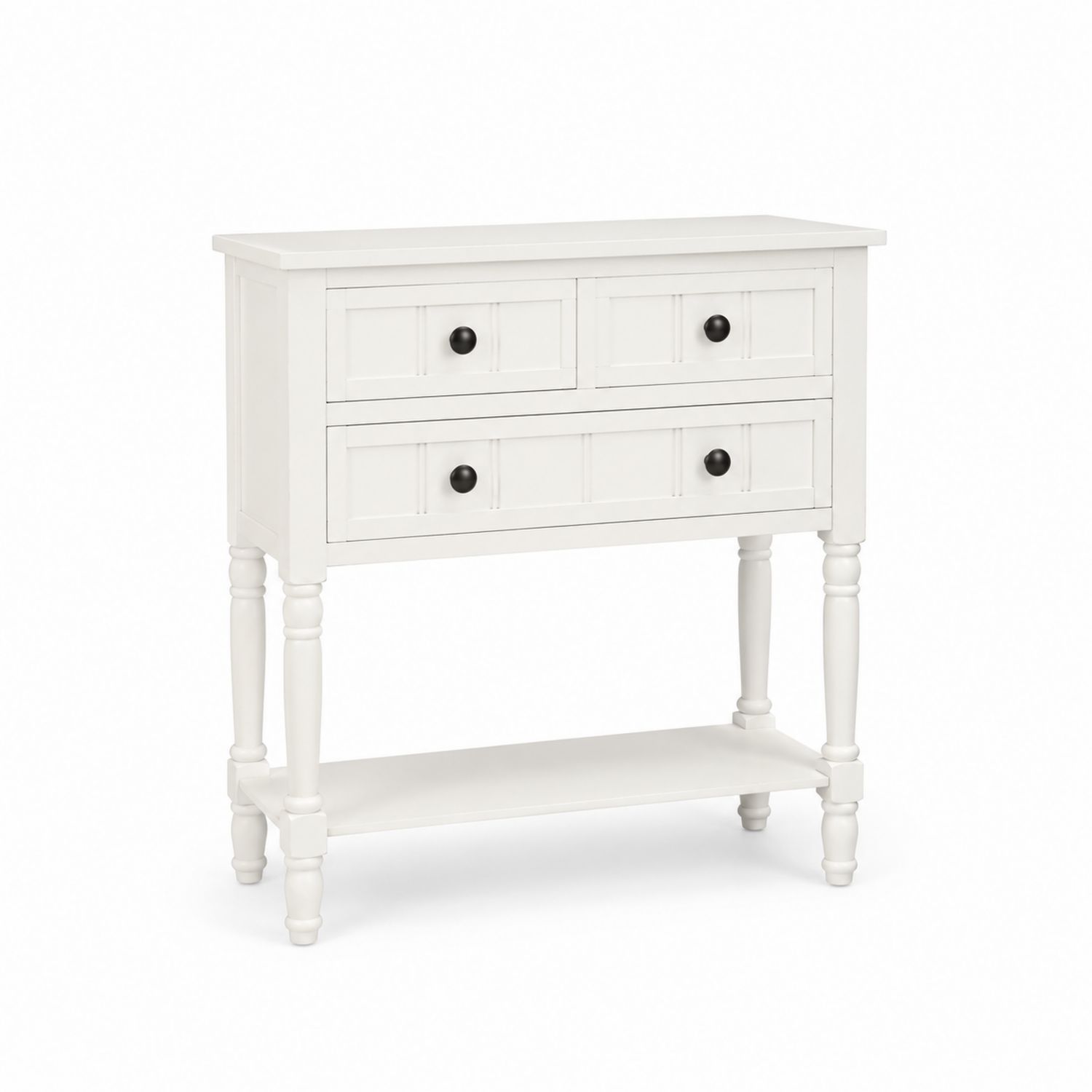 Mesa de entrada blanca con cajones de madera