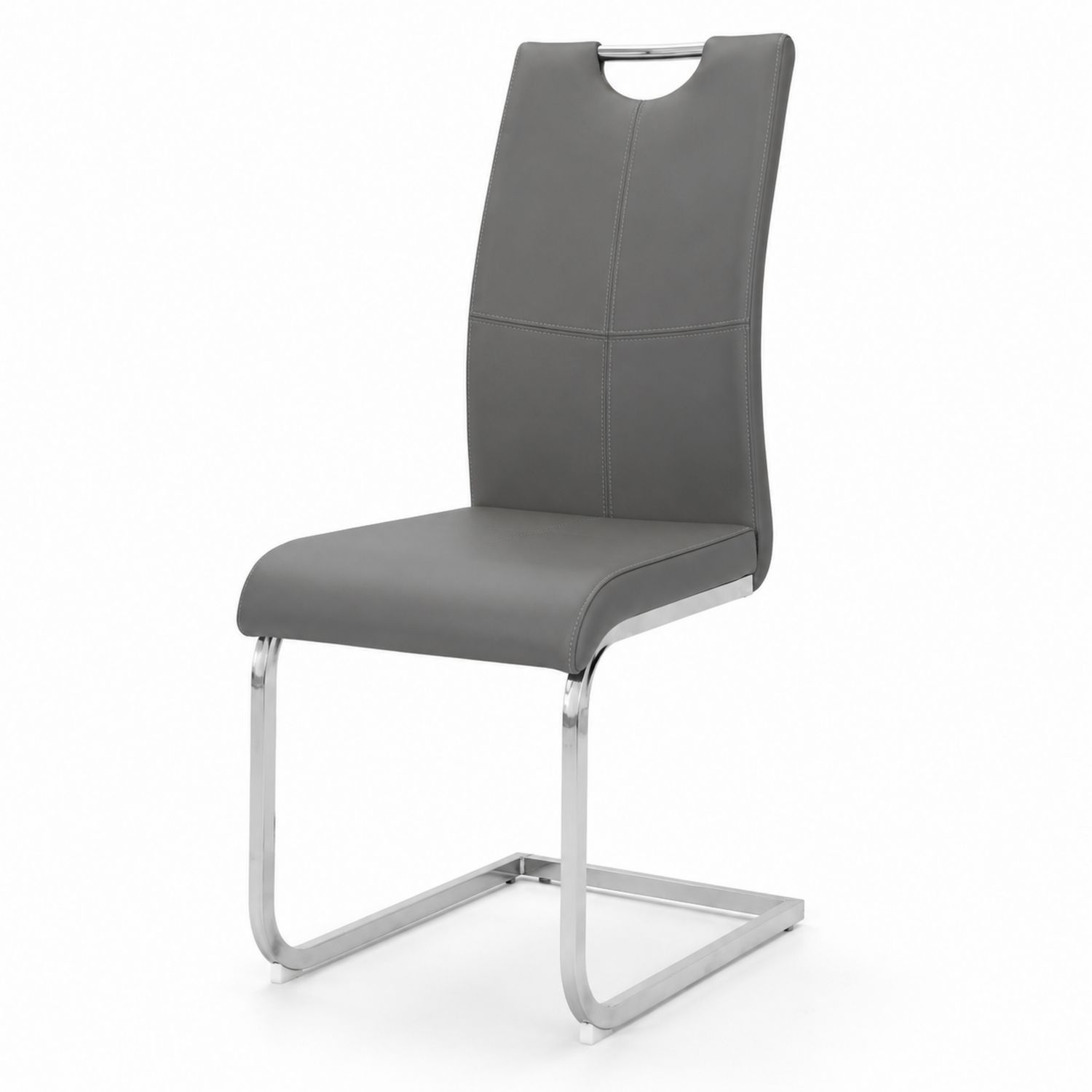 Silla de comedor de cuero sintético gris con base de metal cromado