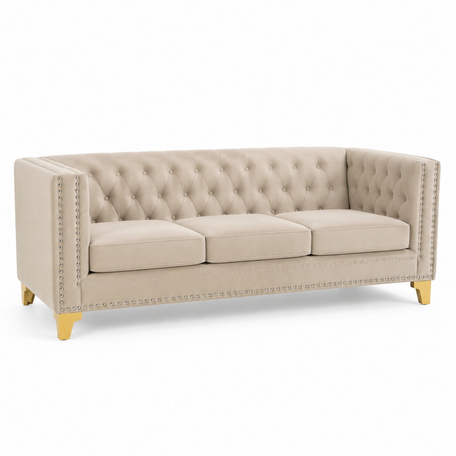 Sofá de tres plazas de terciopelo beige con diseño capitoné