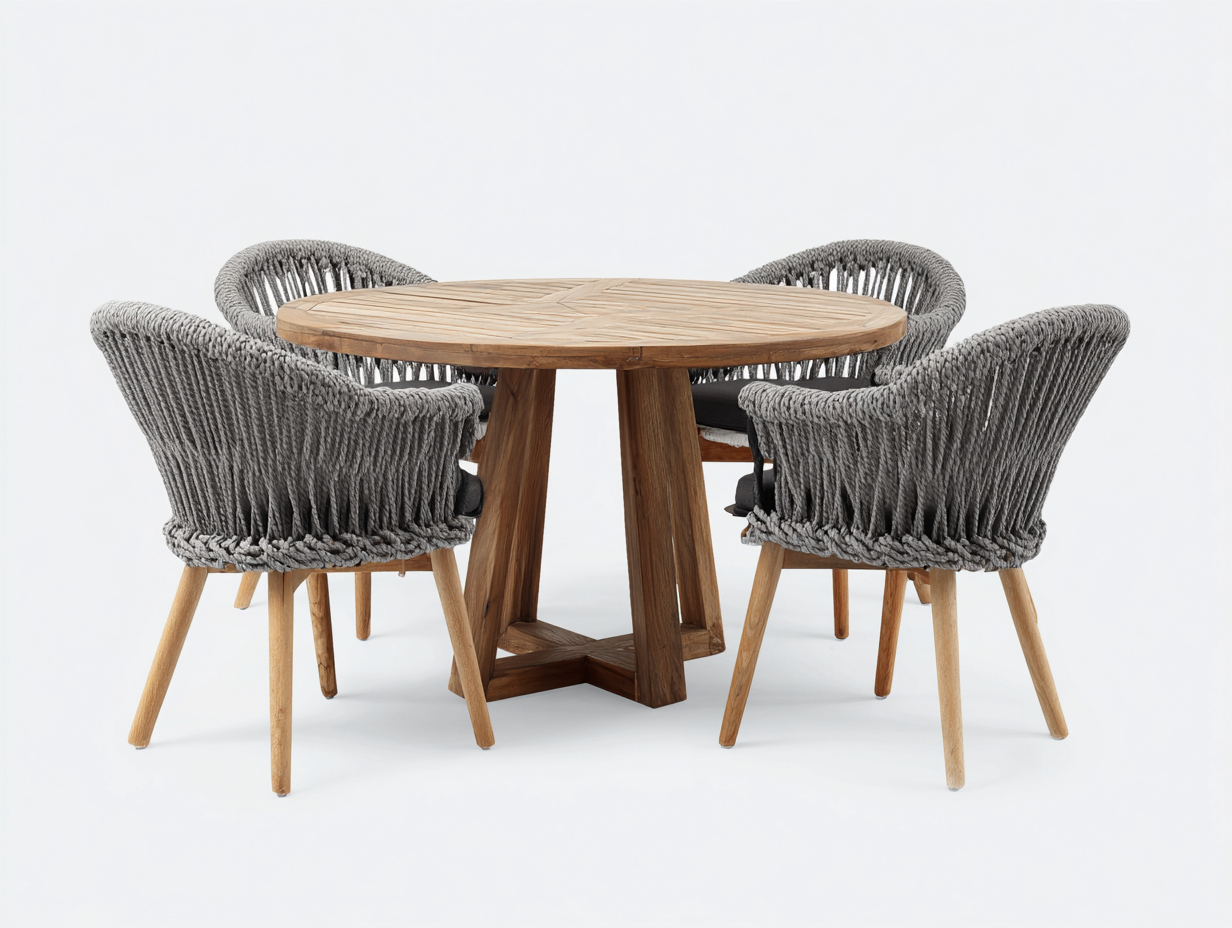 Salon de jardin repas - teck-corde - 120x120x75 cm - gris-bois naturel - contemporain-Vazenlohome