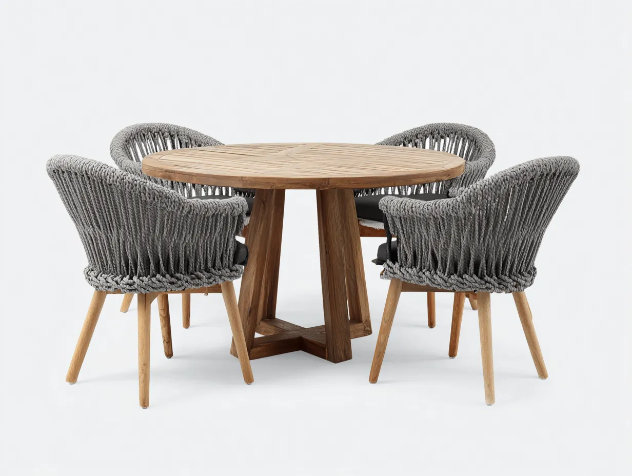 Salon de jardin repas - teck-corde - 120x120x75 cm - gris-bois naturel - contemporain-Vazenlohome