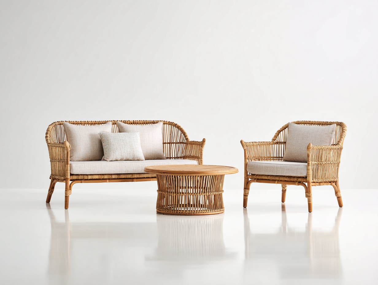 Canapé de jardin-rotin-bois-tissu-150x76x82 cm-naturel-beige-style vintage-Vazenlohome