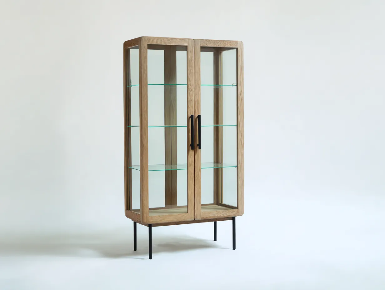 Vitrine - bois-verre-métal - 88x39x142 cm - bois clair-noir - scandinave-Vazenlohome