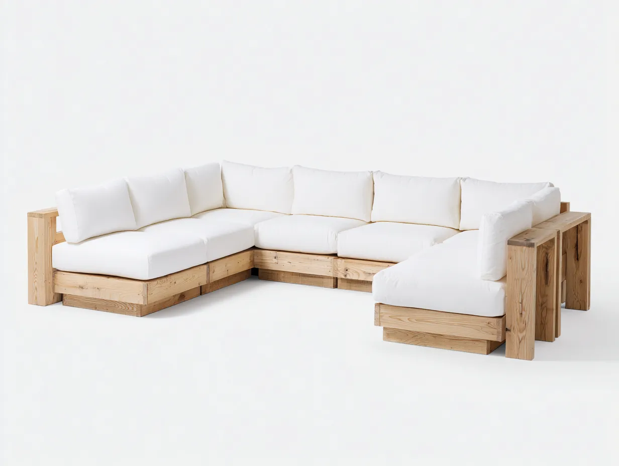 Canapé de jardin-bois-tissu-305x232x74 cm-bois naturel-blanc-style rustique moderne-Vazenlohome