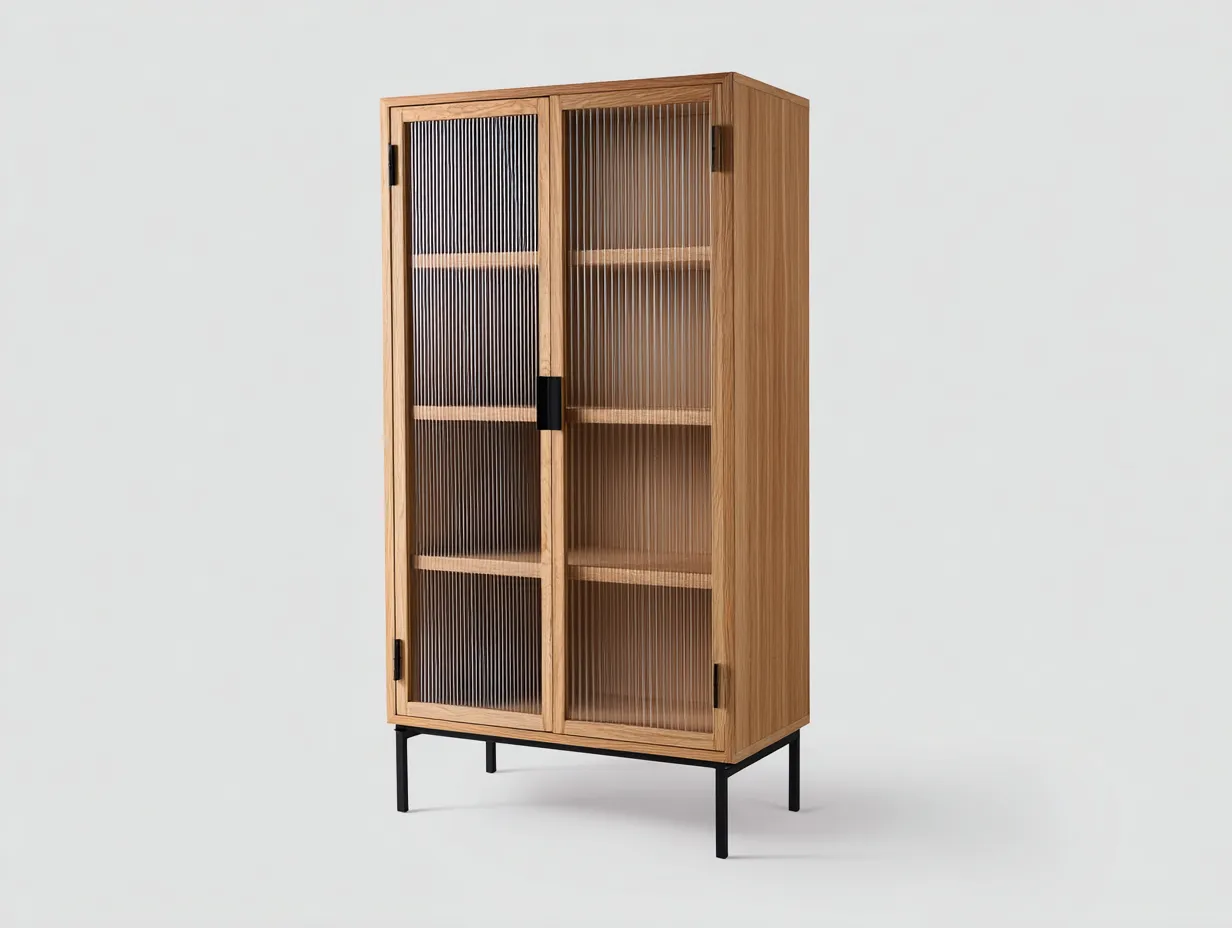 Vitrine - bois-verre-métal - 86x38x146 cm - bois naturel-noir - industriel-Vazenlohome