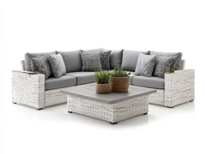 Canapé de jardin-résine tressée-tissu-bois-220x220x75 cm-blanc-gris-style contemporain-Vazenlohome