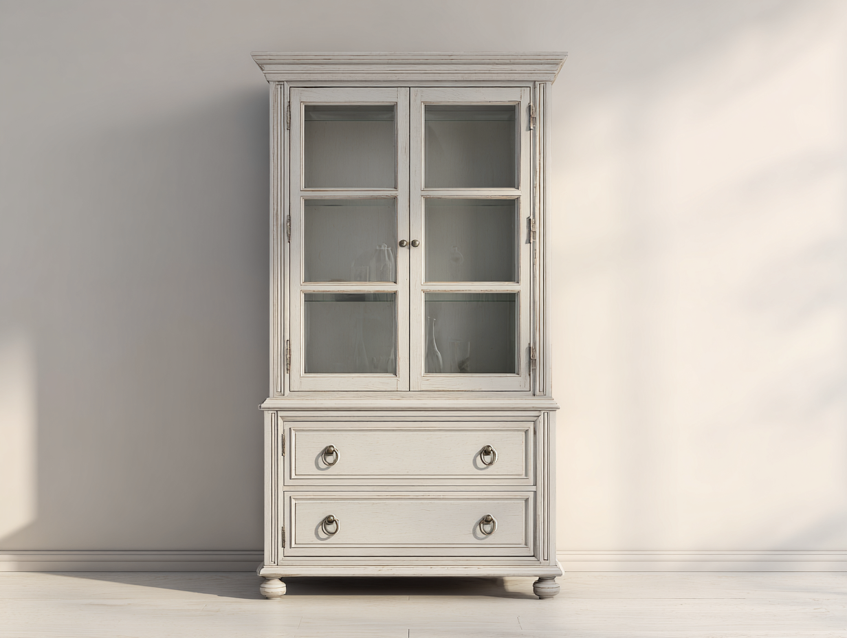 Bibliothèque - bois-verre-métal - 105x42x205 cm - ivoire vieilli - style campagne-Vazenlohome