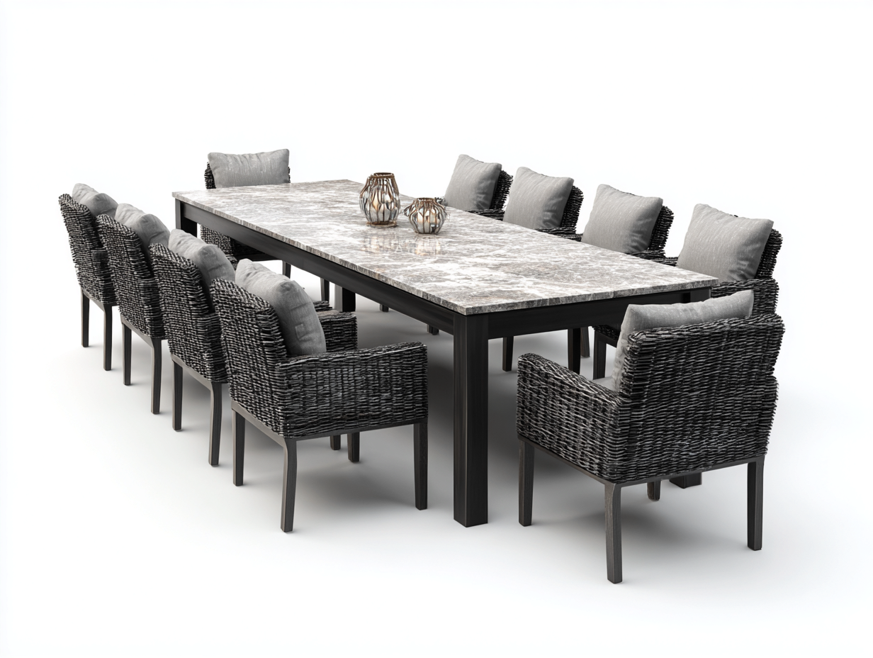 Salon de jardin repas - métal-résine tressée-tissu-pierre frittée - 260x110x75 cm - noir-gris - style contemporain-Vazenlohome