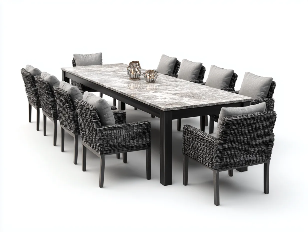 Salon de jardin repas - métal-résine tressée-tissu-pierre frittée - 260x110x75 cm - noir-gris - style contemporain-Vazenlohome