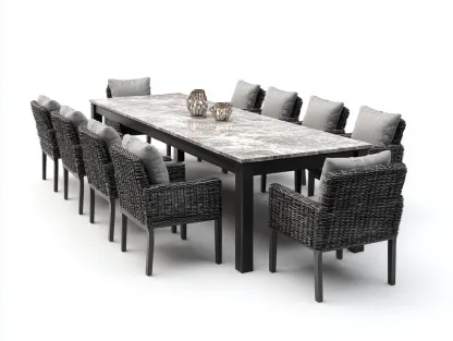 Salon de jardin repas - métal-résine tressée-tissu-pierre frittée - 260x110x75 cm - noir-gris - style contemporain-Vazenlohome