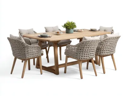 Salon de jardin repas - teck-corde - 280x100x75 cm - beige-bois naturel - artisanal-Vazenlohome