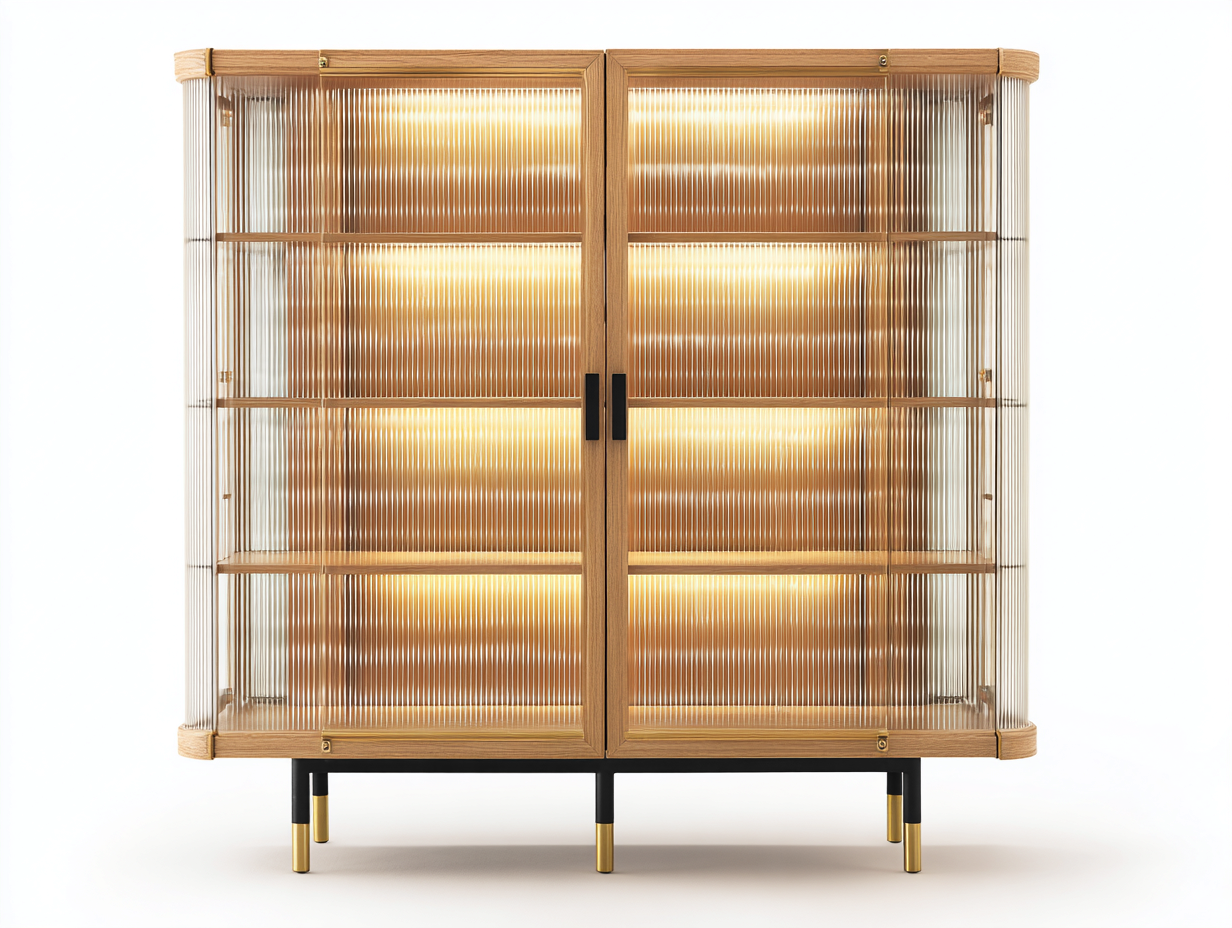 Vitrine - bois-verre-métal - 135x40x132 cm - chêne naturel-noir-doré - contemporain-Vazenlohome