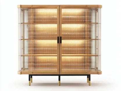 Vitrine - bois-verre-métal - 135x40x132 cm - chêne naturel-noir-doré - contemporain-Vazenlohome