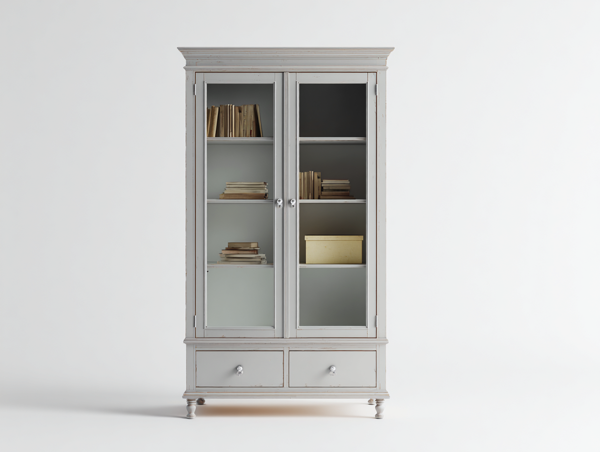 Bibliothèque - bois-verre-métal - 115x42x198 cm - gris clair vieilli - style campagne-Vazenlohome