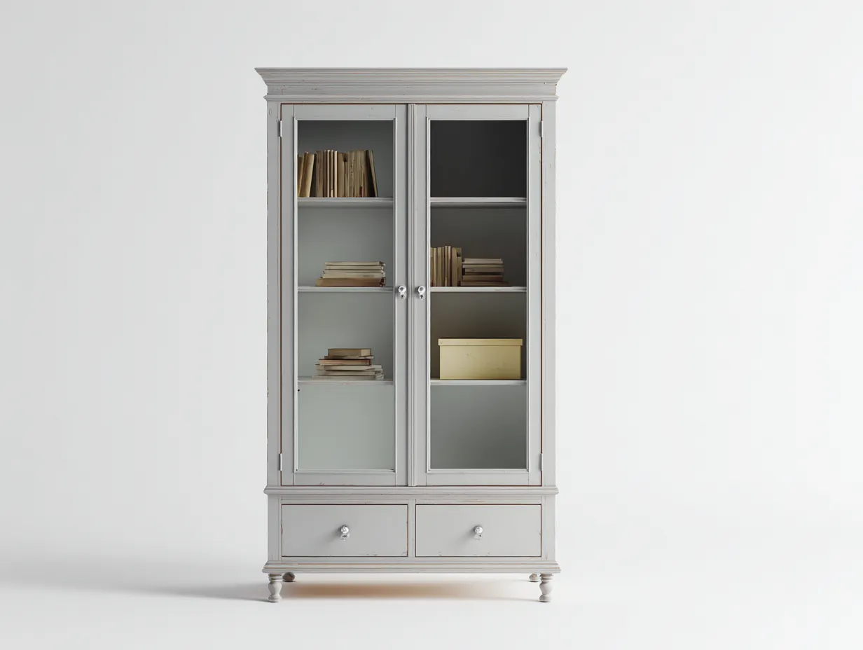 Bibliothèque - bois-verre-métal - 115x42x198 cm - gris clair vieilli - style campagne-Vazenlohome