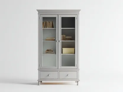 Bibliothèque - bois-verre-métal - 115x42x198 cm - gris clair vieilli - style campagne-Vazenlohome