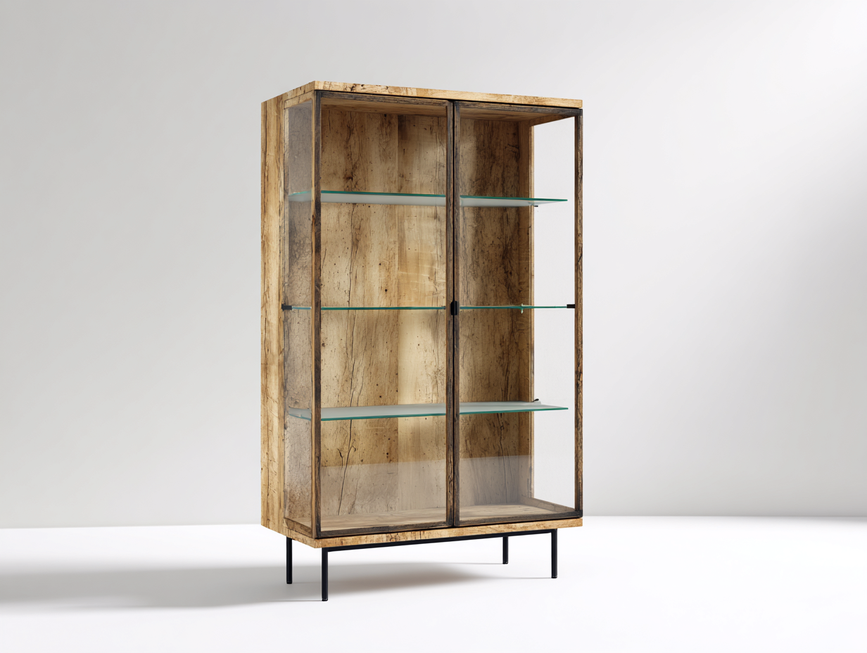 Vitrine - bois-verre-métal - 96x42x148 cm - bois rustique-noir - industriel-Vazenlohome