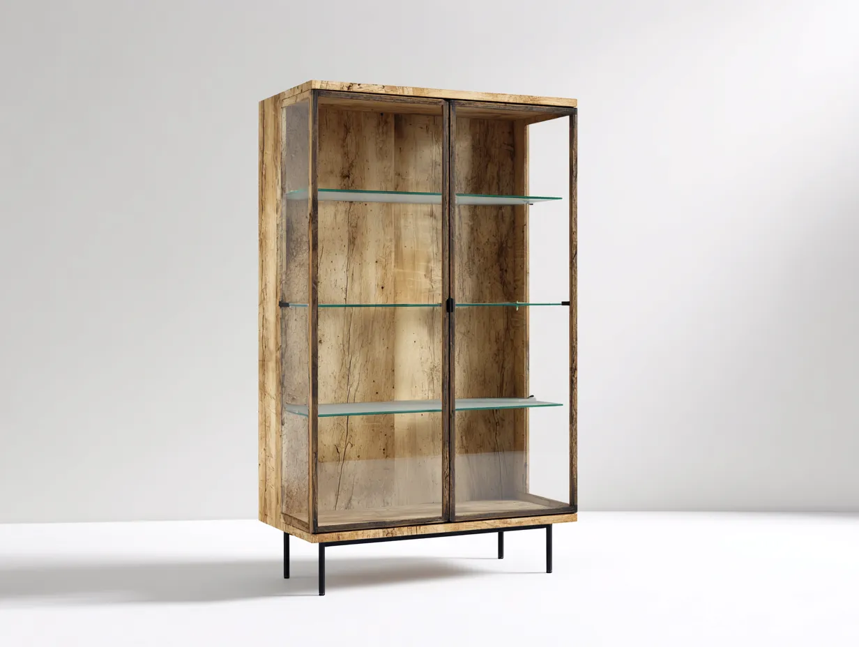 Vitrine - bois-verre-métal - 96x42x148 cm - bois rustique-noir - industriel-Vazenlohome