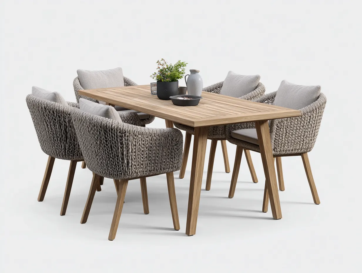 Salon de jardin repas - teck-corde - 220x100x75 cm - gris-bois naturel - contemporain-Vazenlohome