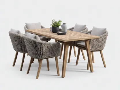 Salon de jardin repas - teck-corde - 220x100x75 cm - gris-bois naturel - contemporain-Vazenlohome