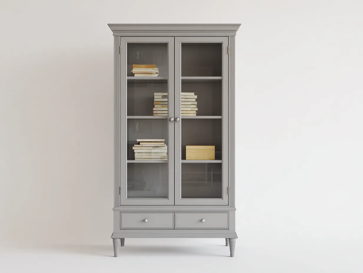 Bibliothèque - bois-verre-métal - 110x41x202 cm - gris chaud - style campagne-Vazenlohome
