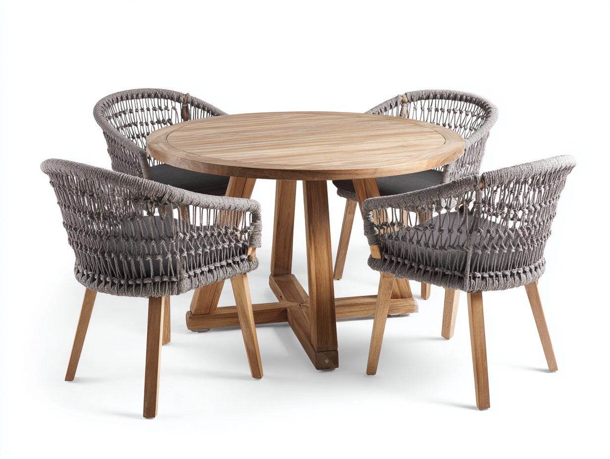 Salon de jardin repas - teck-corde - 130x130x75 cm - gris-bois naturel - contemporain-Vazenlohome