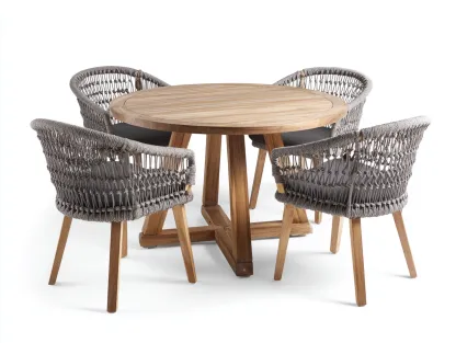 Salon de jardin repas - teck-corde - 130x130x75 cm - gris-bois naturel - contemporain-Vazenlohome