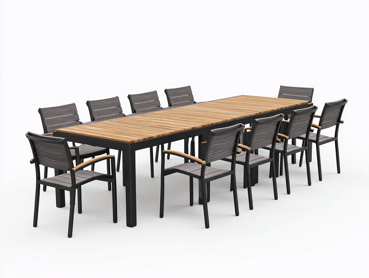 Salon de jardin repas - métal-textilène-bois synthétique - 240x100x74 cm - noir-marron-gris - style moderne-Vazenlohome