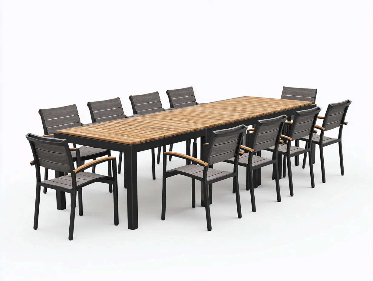 Salon de jardin repas - métal-textilène-bois synthétique - 240x100x74 cm - noir-marron-gris - style moderne-Vazenlohome