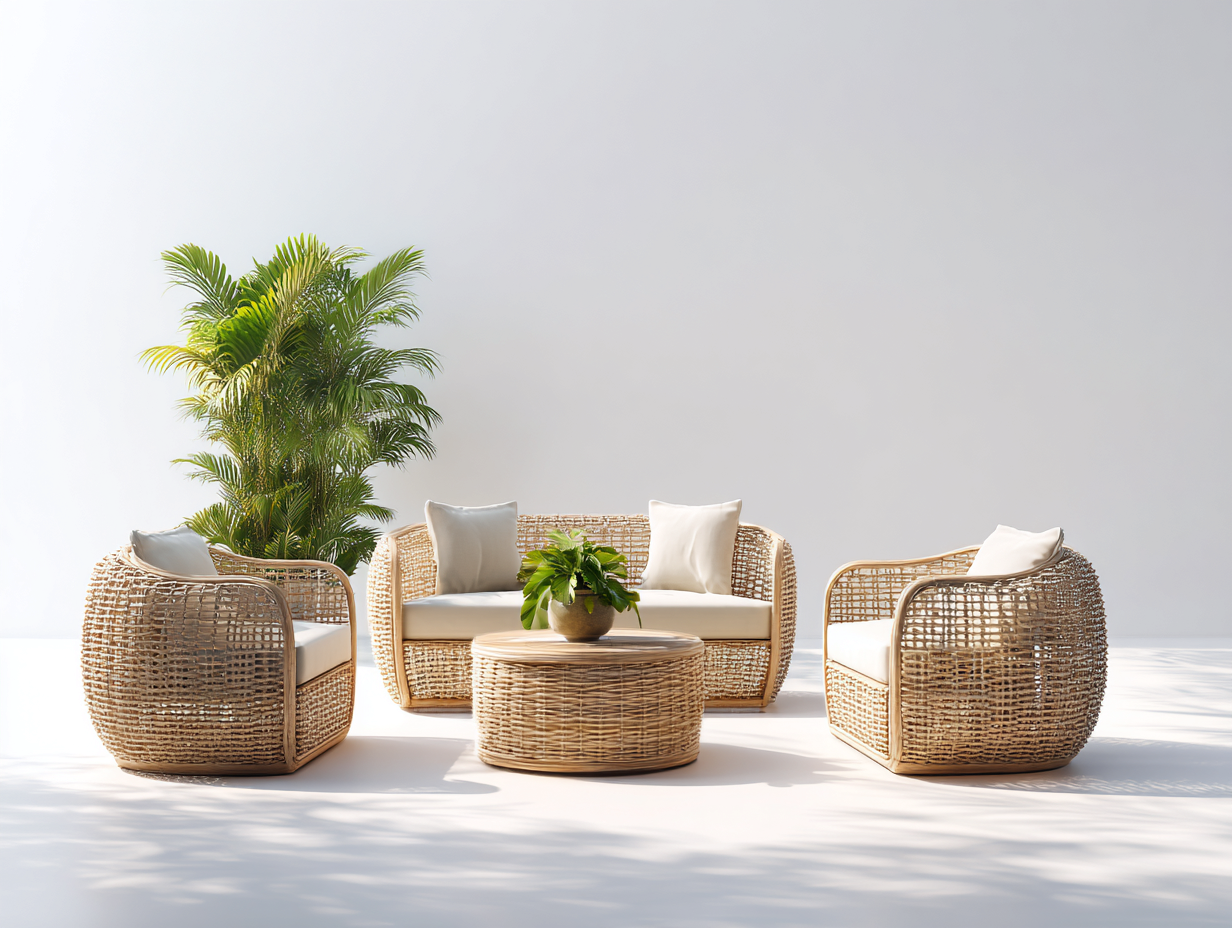 Canapé de jardin-rotin-tissu-bois-150x78x76 cm-naturel-beige-style bohème-Vazenlohome