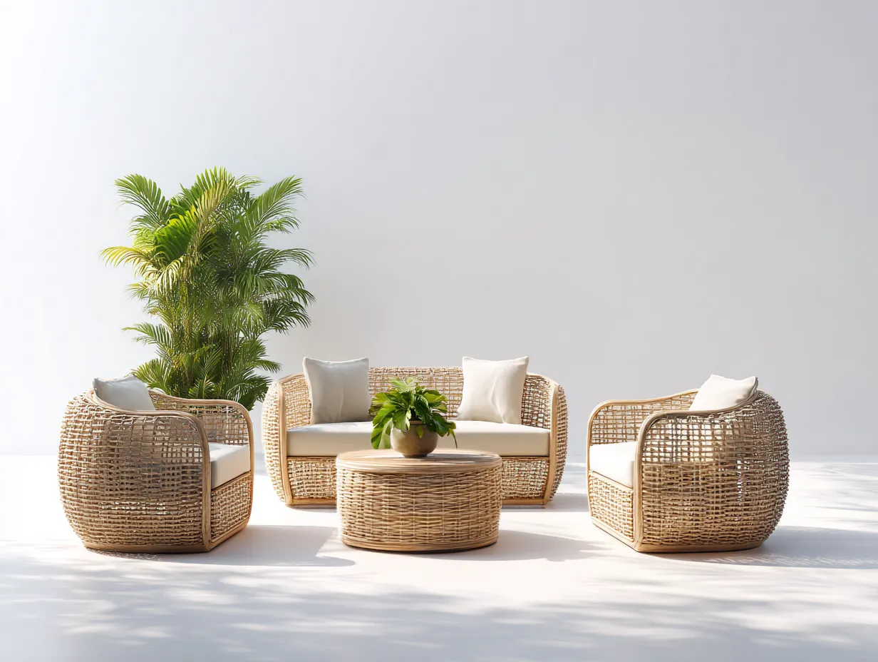 Canapé de jardin-rotin-tissu-bois-150x78x76 cm-naturel-beige-style bohème-Vazenlohome