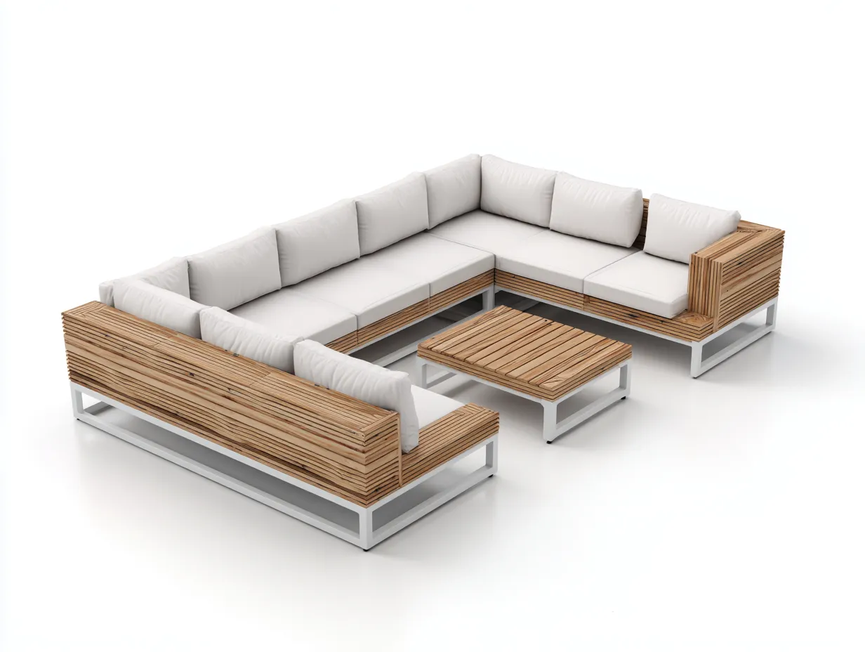 Canapé de jardin-bois-métal-tissu-310x245x76 cm-bois naturel-blanc-style contemporain-Vazenlohome