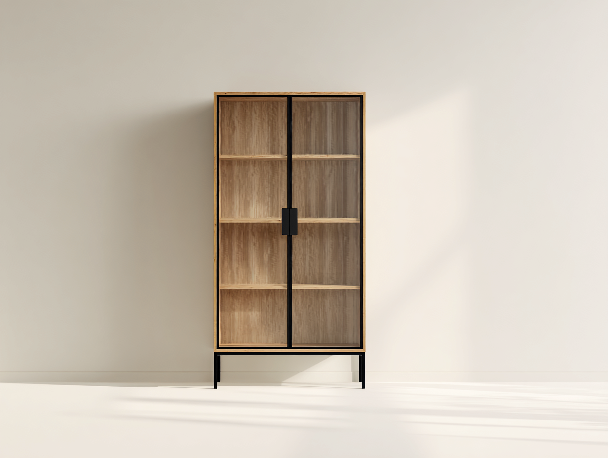 Vitrine - bois-verre-métal - 80x38x150 cm - chêne clair-noir - industriel-Vazenlohome