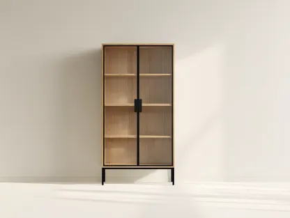 Vitrine - bois-verre-métal - 80x38x150 cm - chêne clair-noir - industriel-Vazenlohome