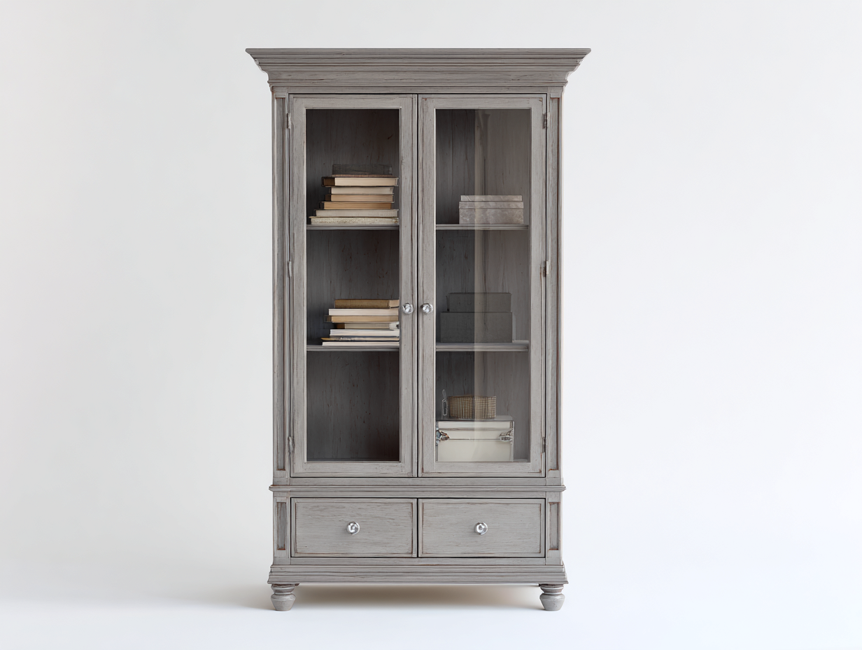 Bibliothèque - bois-verre-métal - 118x43x210 cm - gris vieilli - style campagne-Vazenlohome