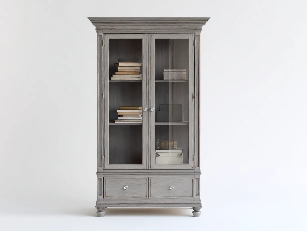Bibliothèque - bois-verre-métal - 118x43x210 cm - gris vieilli - style campagne-Vazenlohome