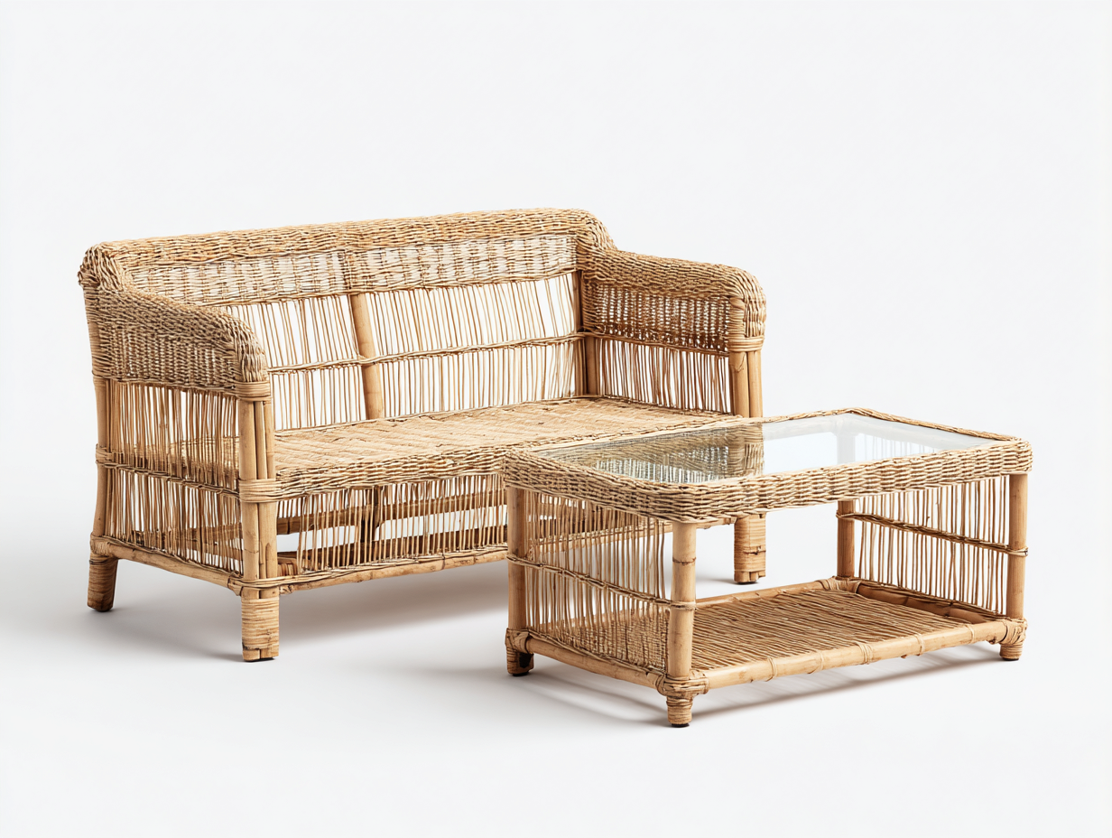 Canapé de jardin-rotin-verre-150x72x78 cm-naturel-style vintage-Vazenlohome