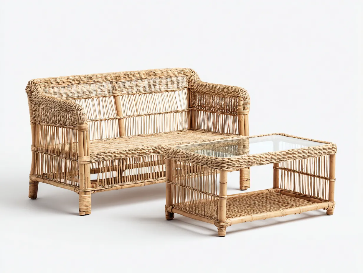 Canapé de jardin-rotin-verre-150x72x78 cm-naturel-style vintage-Vazenlohome