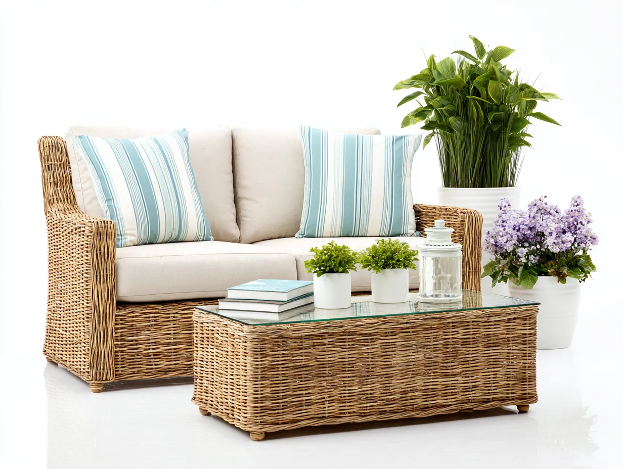 Canapé de jardin-rotin-verre-tissu-168x84x80 cm-marron clair-beige-style campagne-Vazenlohome