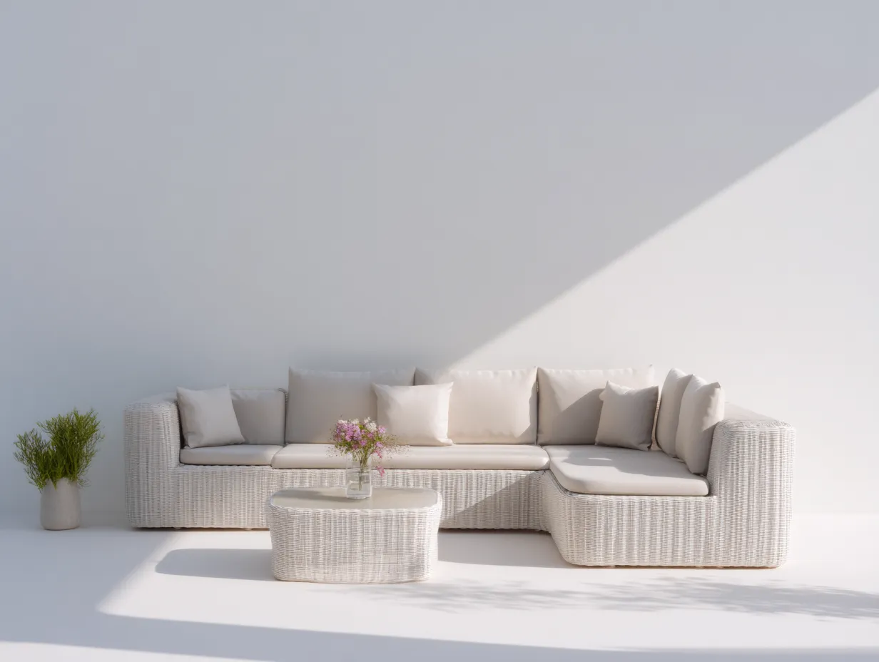 Canapé de jardin-résine tressée-tissu-255x180x70 cm-blanc-beige-style moderne-Vazenlohome