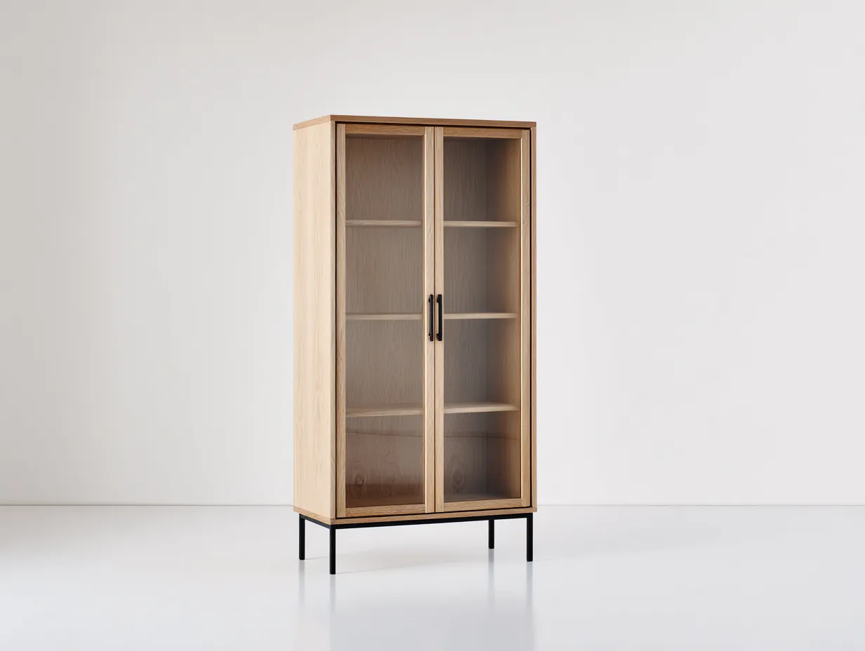 Vitrine - bois-verre-métal - 86x39x138 cm - chêne naturel-noir - scandinave-Vazenlohome