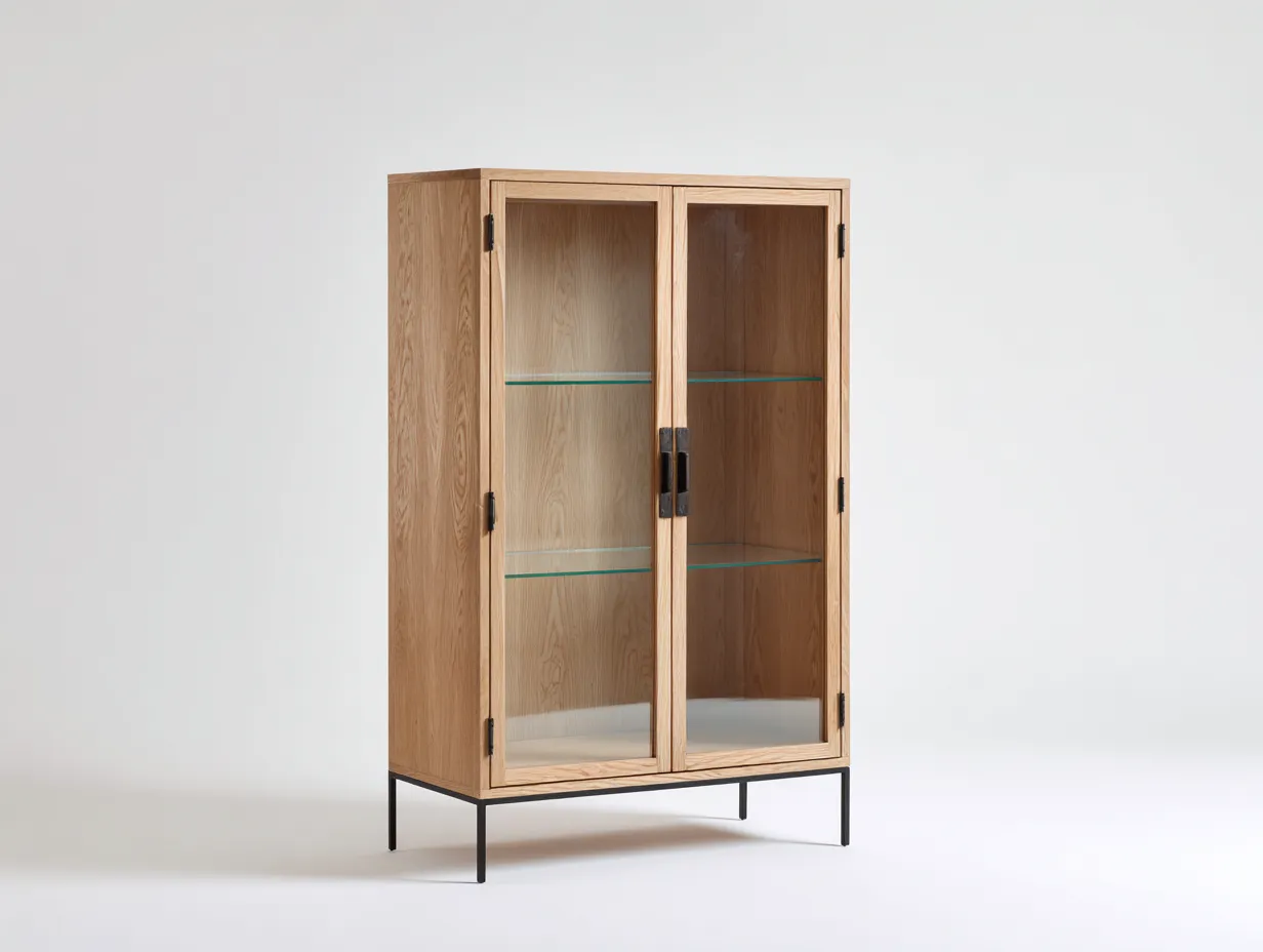 Vitrine - bois-verre-métal - 100x41x138 cm - chêne naturel-noir - moderne-Vazenlohome
