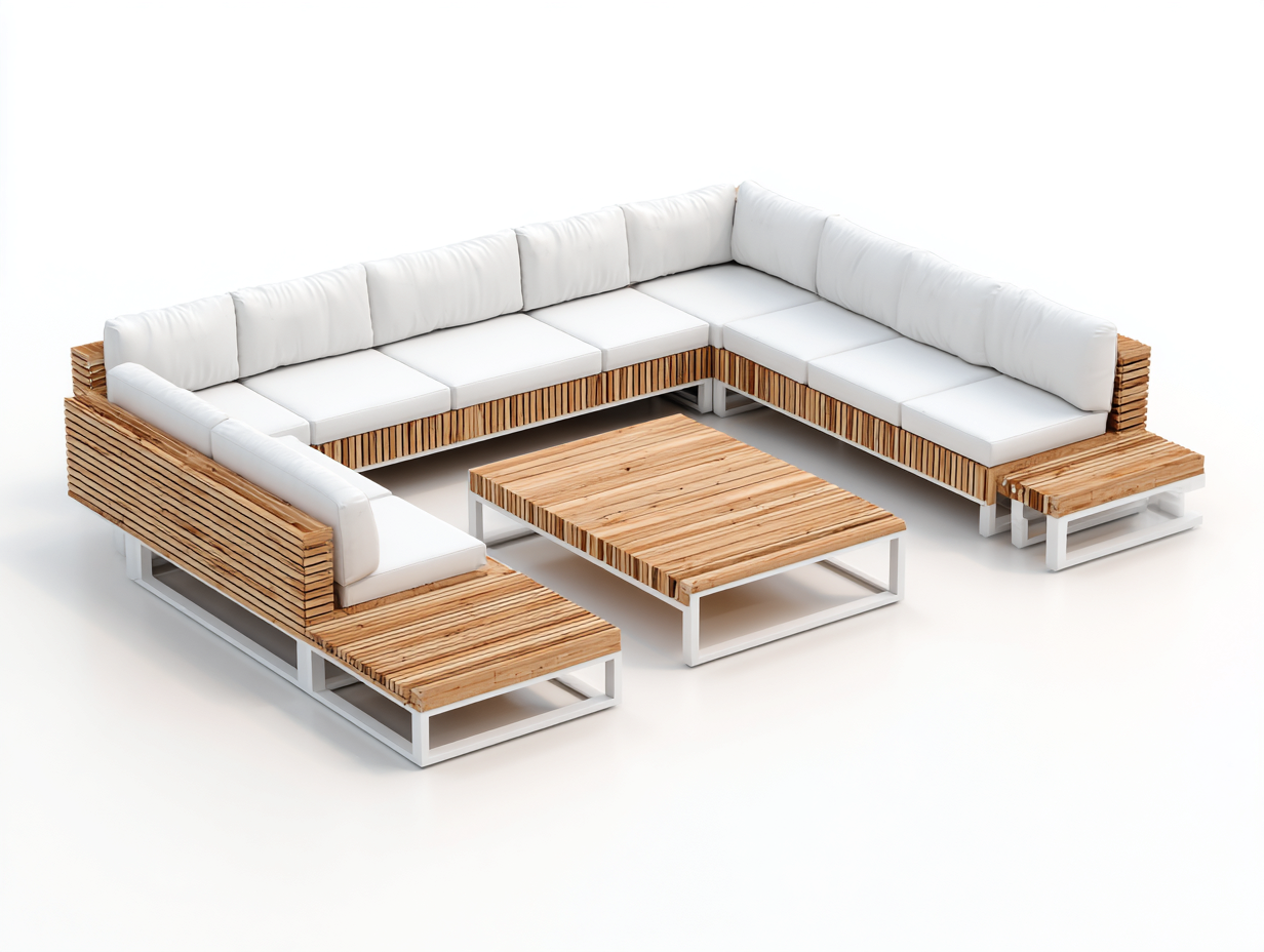 Canapé de jardin-bois-métal-tissu-330x260x78 cm-bois naturel-blanc-style contemporain-Vazenlohome