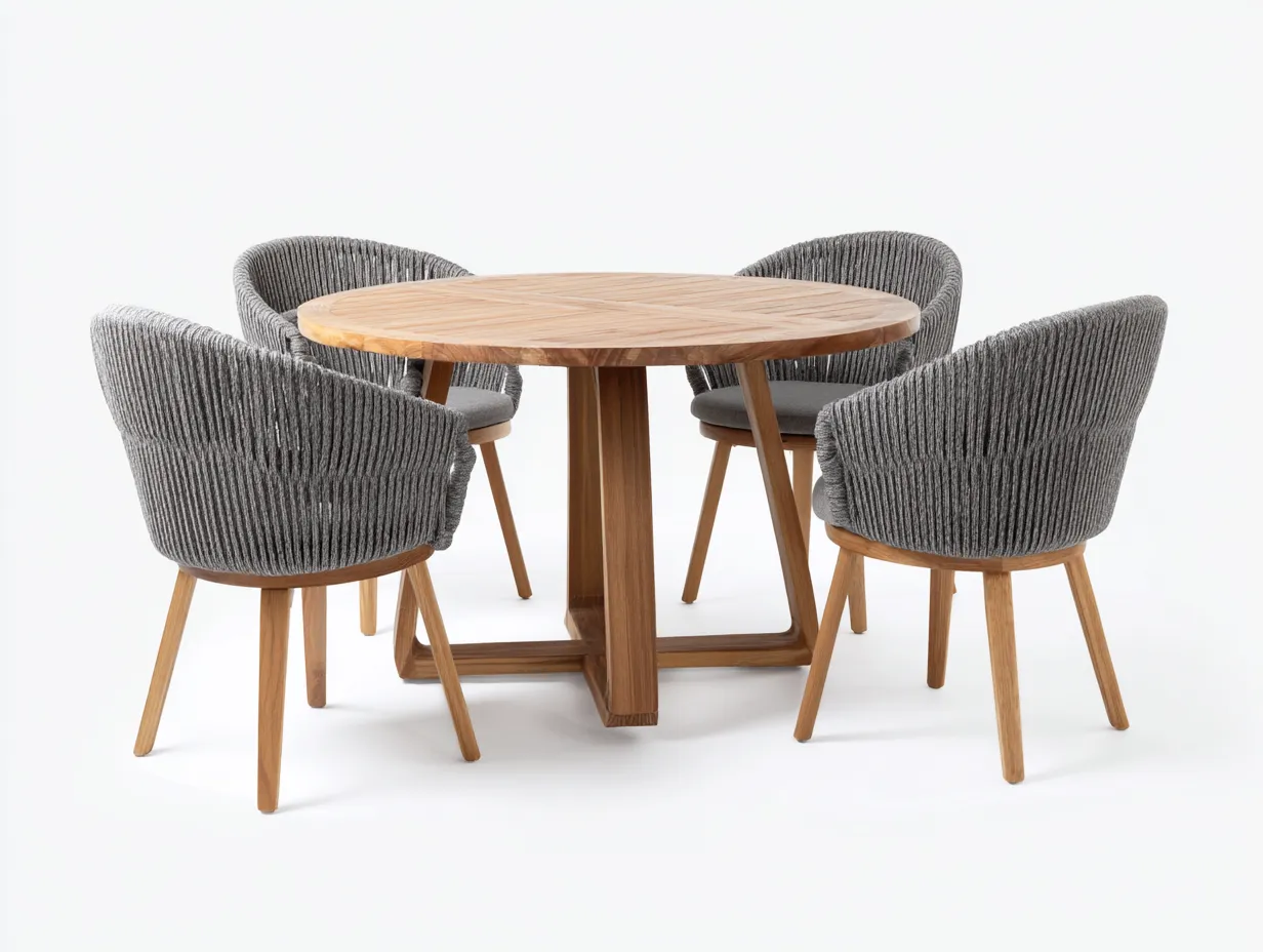 Salon de jardin repas - teck-corde - 125x125x75 cm - gris-bois naturel - moderne-Vazenlohome