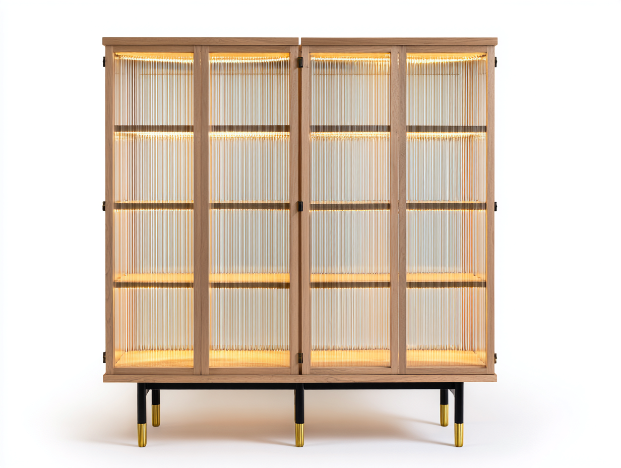 Vitrine - bois-verre-métal - 150x42x145 cm - bois naturel-noir-doré - moderne-Vazenlohome