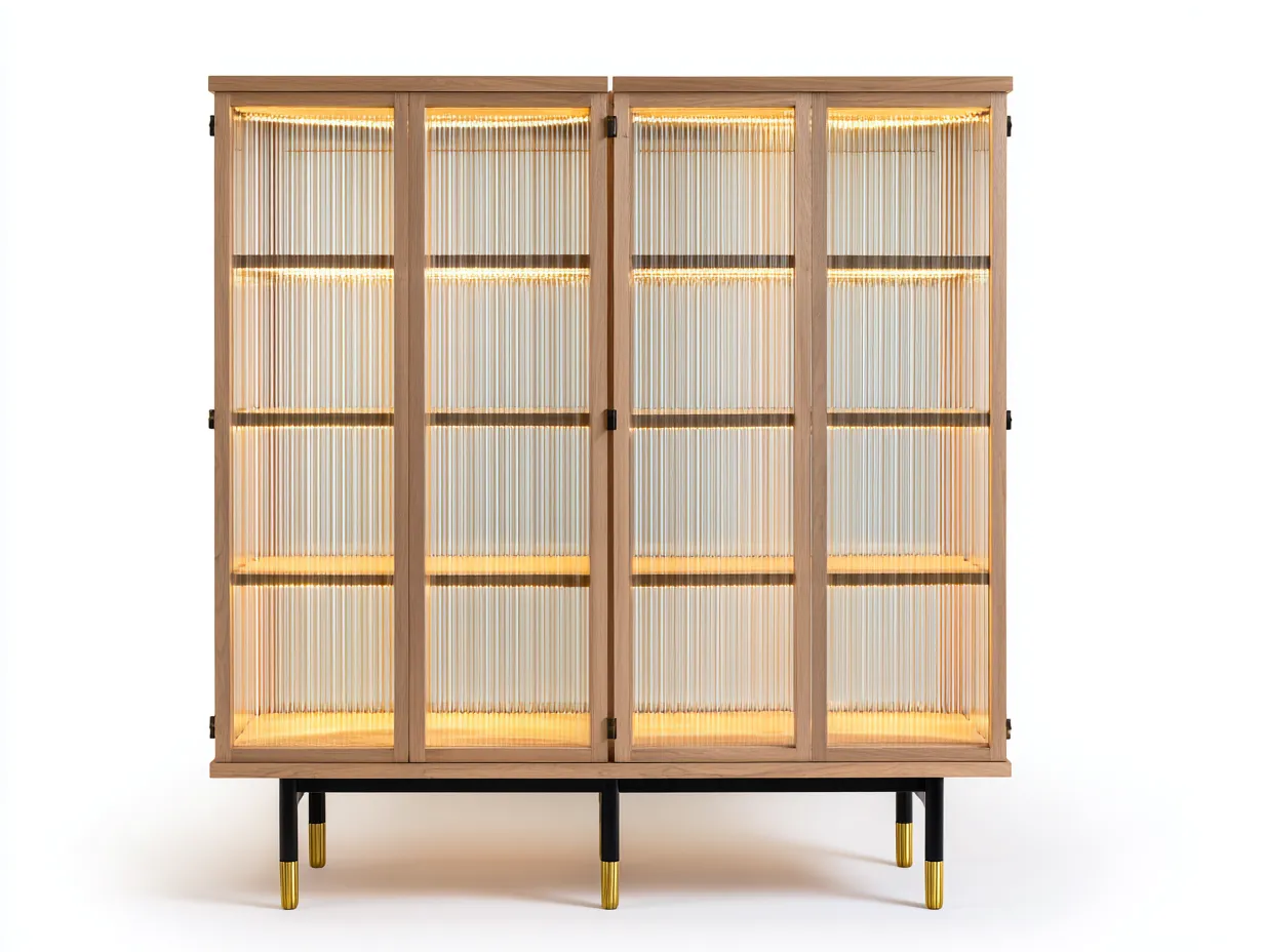 Vitrine - bois-verre-métal - 150x42x145 cm - bois naturel-noir-doré - moderne-Vazenlohome